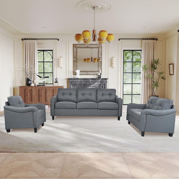 Oscar 3-Piece Gray Polyester Upholstered Living Room Set with Armrest