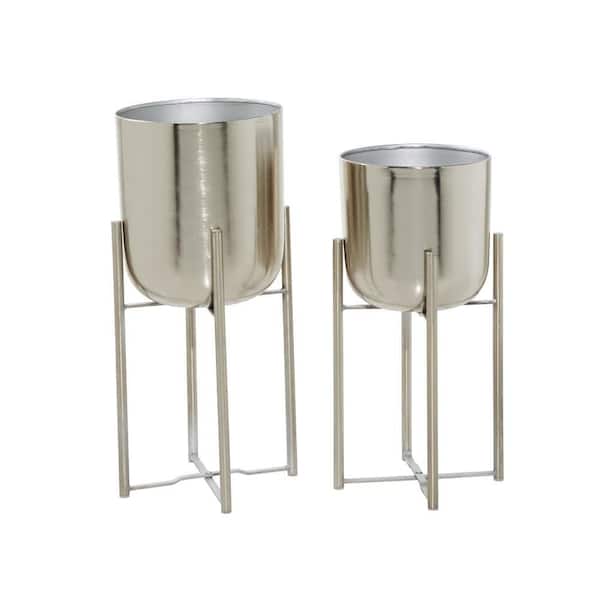 22 in., and 19 in. Large Silver Metal Indoor Outdoor Deep Recessed Dome Planter with Removable Stand (2- Pack)