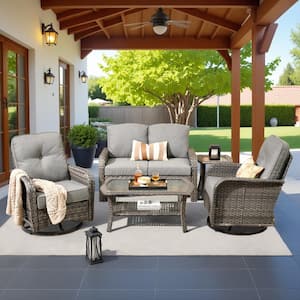 Denali Gray 5-Piece 4-Seat Wicker Modern Outdoor Patio Conversation Sofa Swivel Chair Set with Dark Gray Cushions