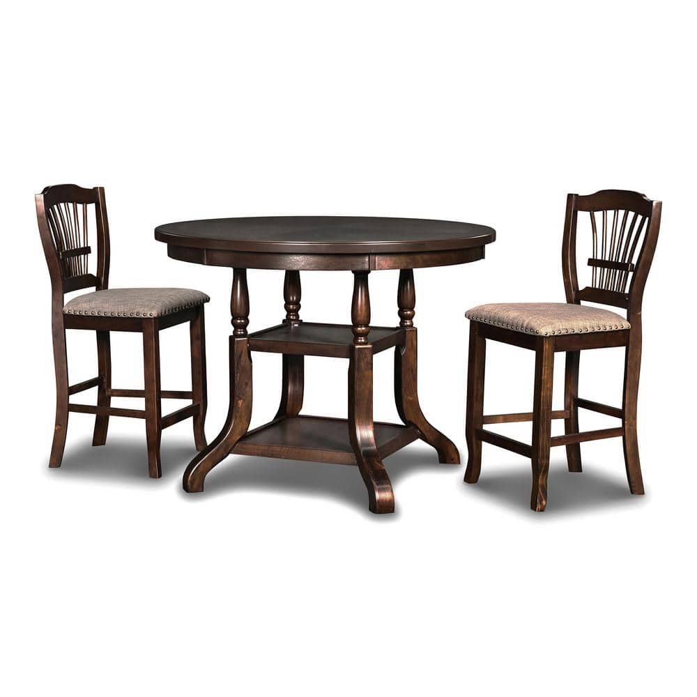 Espresso Solid Wood Round Counter Height Dining Table with Shelves