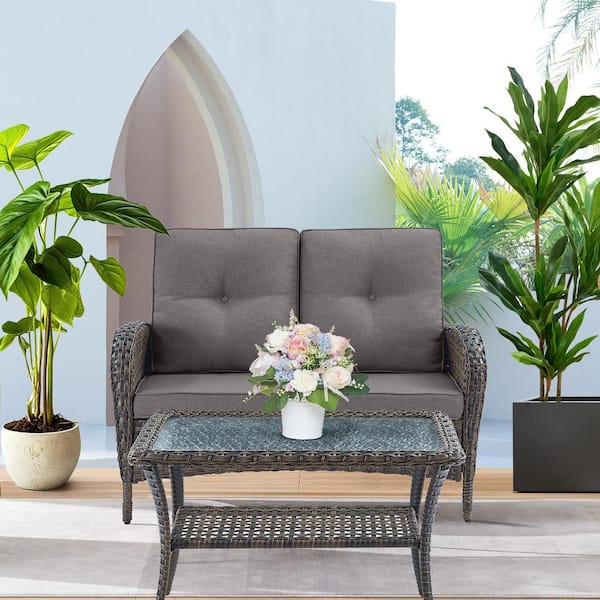 Opohoro PlainCurve 2-Piece Brown Wicker Outdoor Loveseat and Coffee Table Set with Gray Cushions