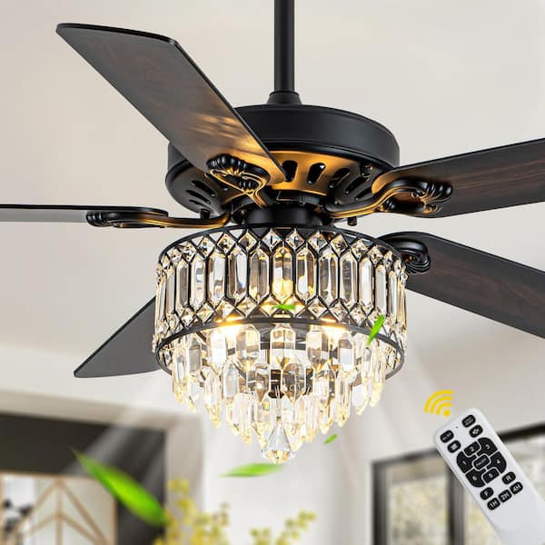 Cerello 52 in. Indoor Black Glam Crystal Shade Chandelier, 5 Reversible Blades Included Ceiling Fan
