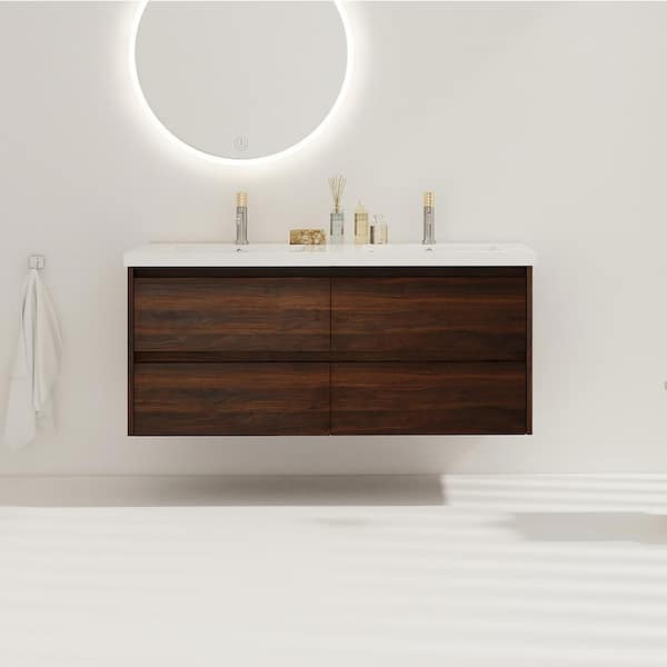 48 in. W x 18 in. D x 21 in. H Double Sinks Wall-Mounted Bath Vanity in California Walnut with White Cultured Marble Top