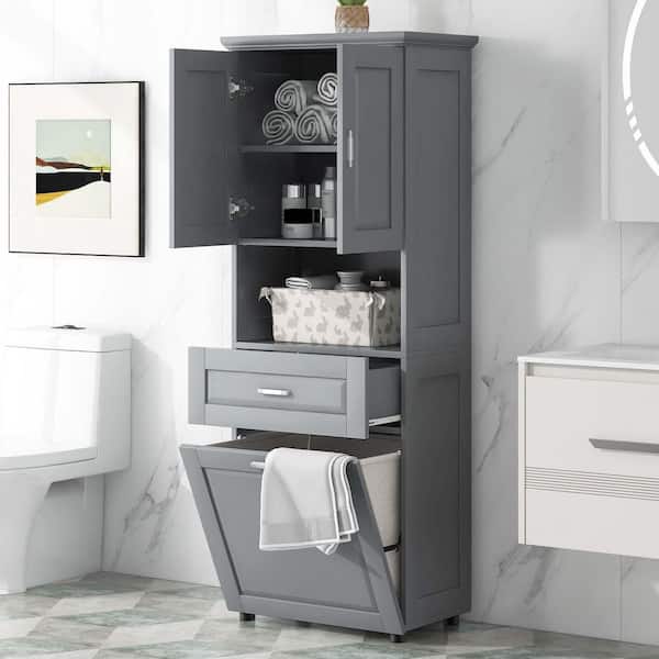 24.7 in. W x 16.3 in. D x 70 in. H Gray Freestanding Linen Cabinet with Laundry Basket and Tilt-Out Laundry Hamper