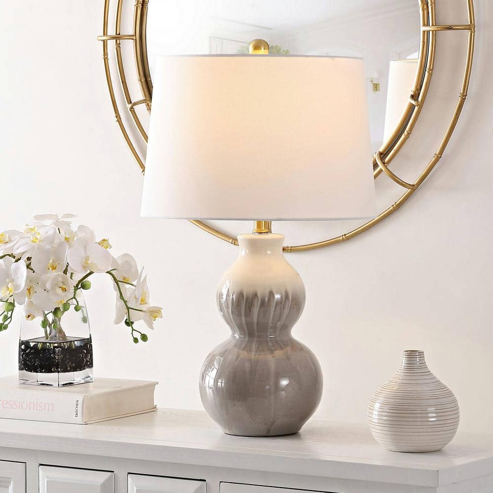 Kenzo Ivory and Gray Ceramic Double Gourd Table Lamp