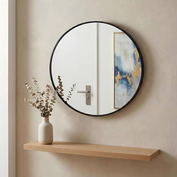 Thi 16 in. W x 16 in. H Modern Round Aluminum Framed Wall Bathroom Vanity Mirror in Black