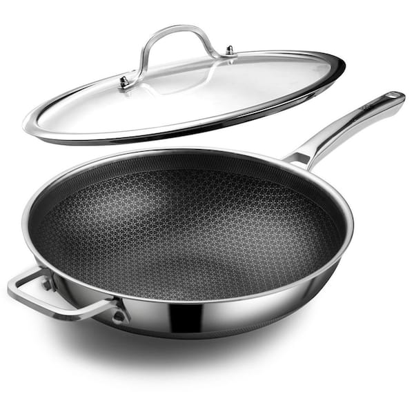 Large 12 in. Non-Stick Induction Stainless Steel Woks and Stir-Fry Pans, Dishwasher and Oven Safe, Easy-to-Clean