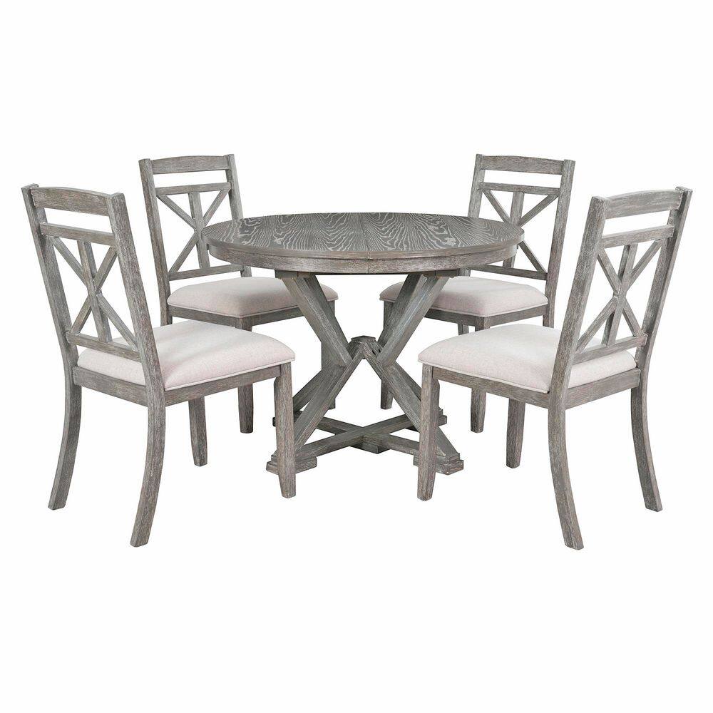 5 Piece Grey Wood Dining Set with Extendable Round Table and 4 Upholstered Chairs