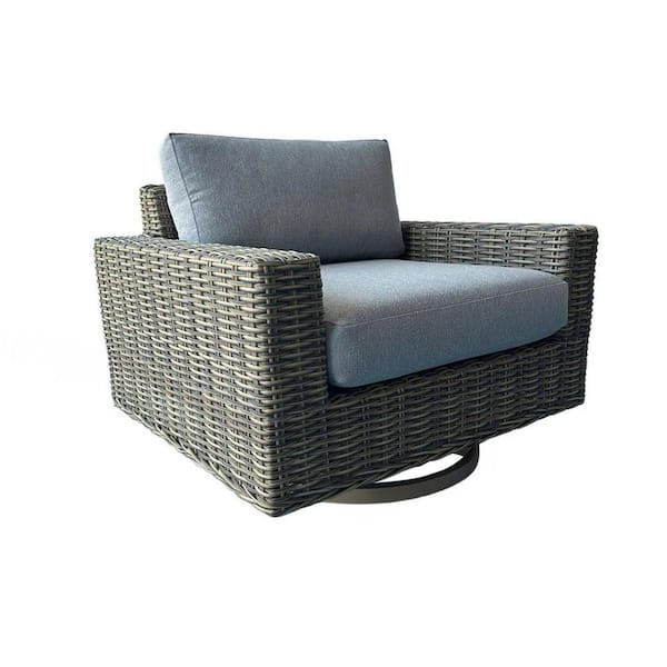 Larry Lava Gray Premier Rattan Wicker Swivel Outdoor Rocking Chair with Soft Light Blue Cushions