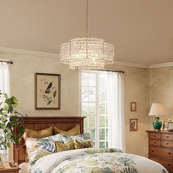 Crystal 5-Light 23.6 in. W Antique Gold Ring Drum Chandelier with Crystal Beads for Living Rooms and Kitchen Island