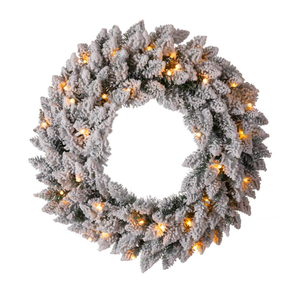 Glitzhome Pre-Lit Snow Flocked Christmas Wreath with Warm Led Light