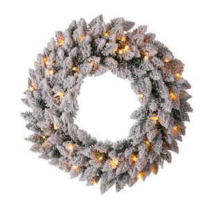 24 in. D Pre-Lit Snow Flocked Artificial Christmas Wreath with Warm White LED Light