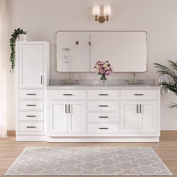 Hepburn 72 in. Double Sink Bath Vanity with Carrara White Quartz Top and Linen Cabinet in White