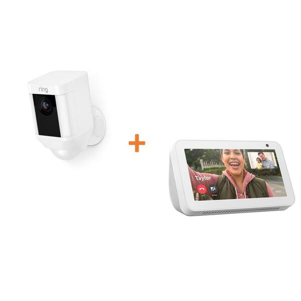 Amazon Spotlight Cam Battery Wireless Outdoor Rectangle Standard Security Surveillance Cam in White, Echo Show 5 in Sandstone