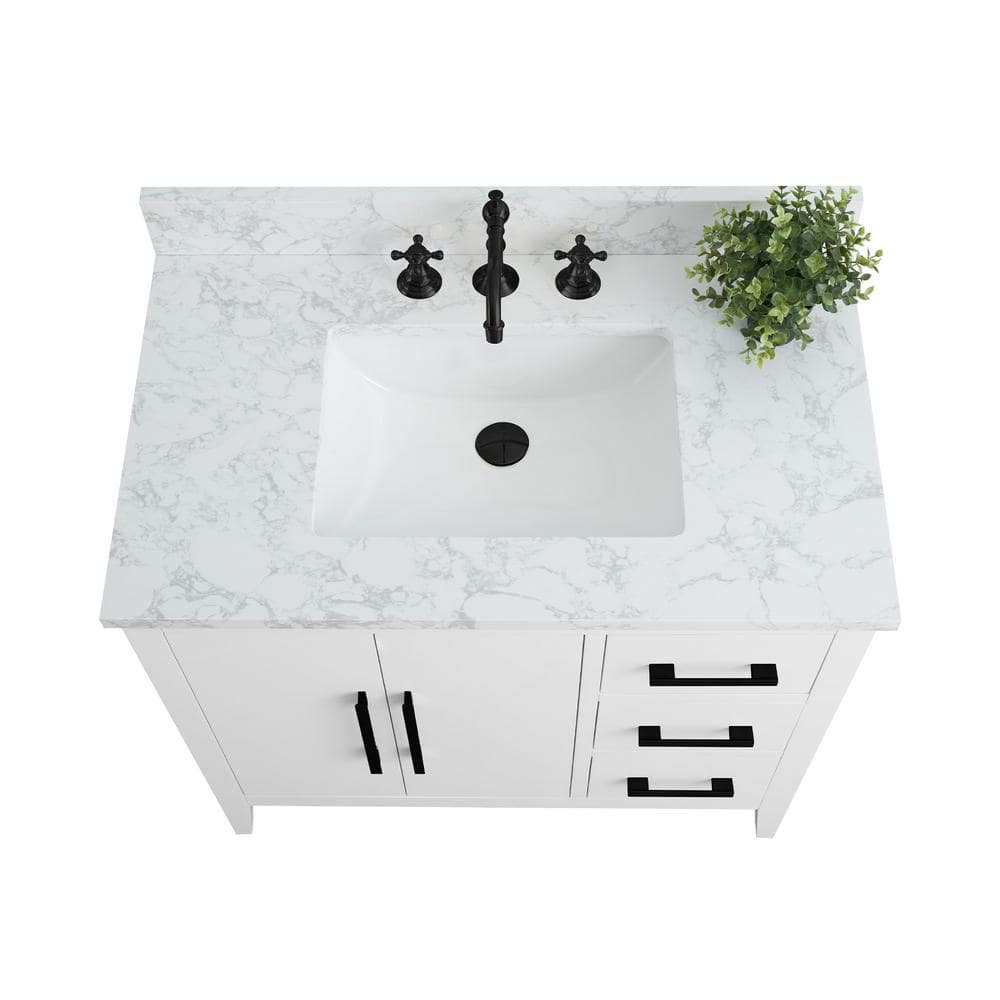 White Poplar Wood Single Sink Bathroom Vanity with Marble Top