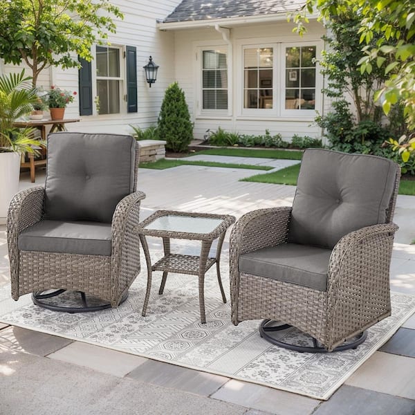 Opohoro PlainCurve 3-Piece Gray Wicker Swivel Outdoor Rocking Chairs Patio Conversation Set with Olefin Gray Cushions