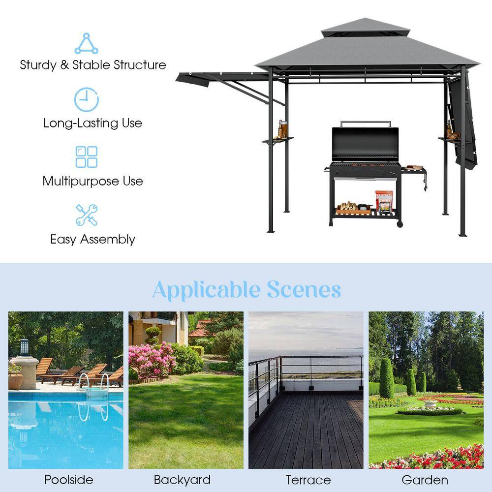Gray Steel Outdoor BBQ Grill Gazebo with Dual Side Awnings