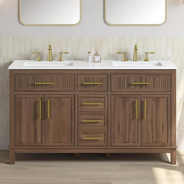 Riley 60 in. Double Sink Spiced Walnut Bath Vanity with White Engineered Stone Top (Assembled)