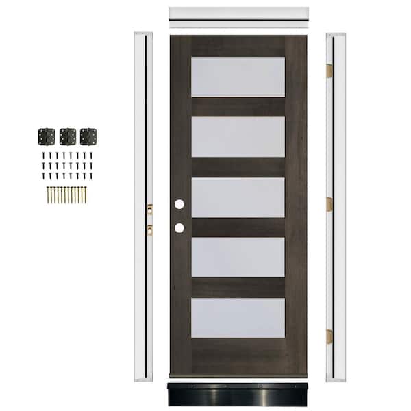 36in. x 80in. Modern Left-Hand 5-Lite Frosted Glass True Black Stain Mahogany Wood Front Door Kit w/Quick Assemble Jamb