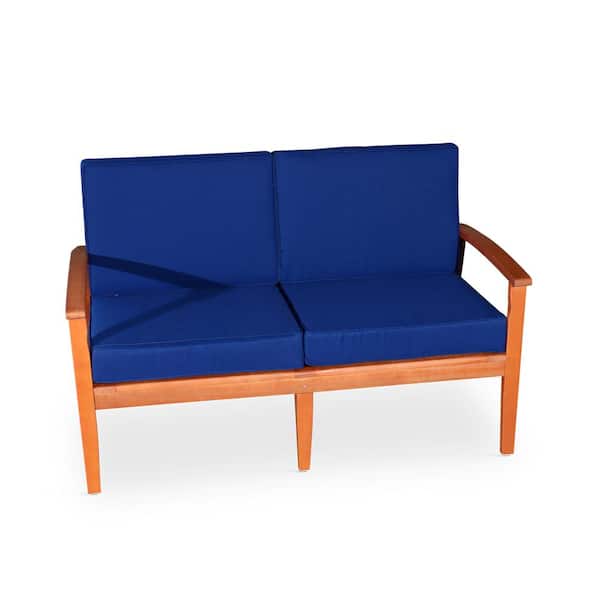 ITOPFOX Outdoor Natural Wood Dining Bench, 53 in. W Patio Loveseat with Navy Blue Cushions, Arms