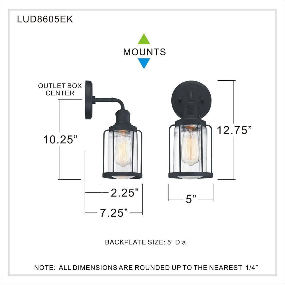 Dimmable Black Steel Cylinder Wall Sconce with Clear Glass Shade
