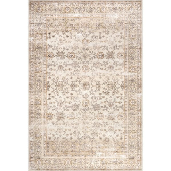 Meena Fading Garden Spill Proof Washable Beige 8 ft. x 10 ft. Indoor Area Rug