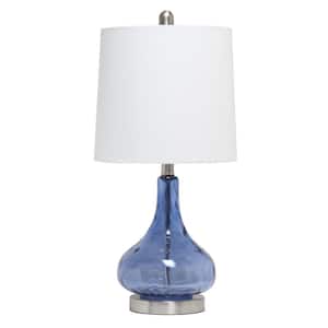 23.25 in. Dark Blue Colored Dimpled Glass Endtable Bedside Table Desk Lamp with White Fabric Tapered Drum Shade