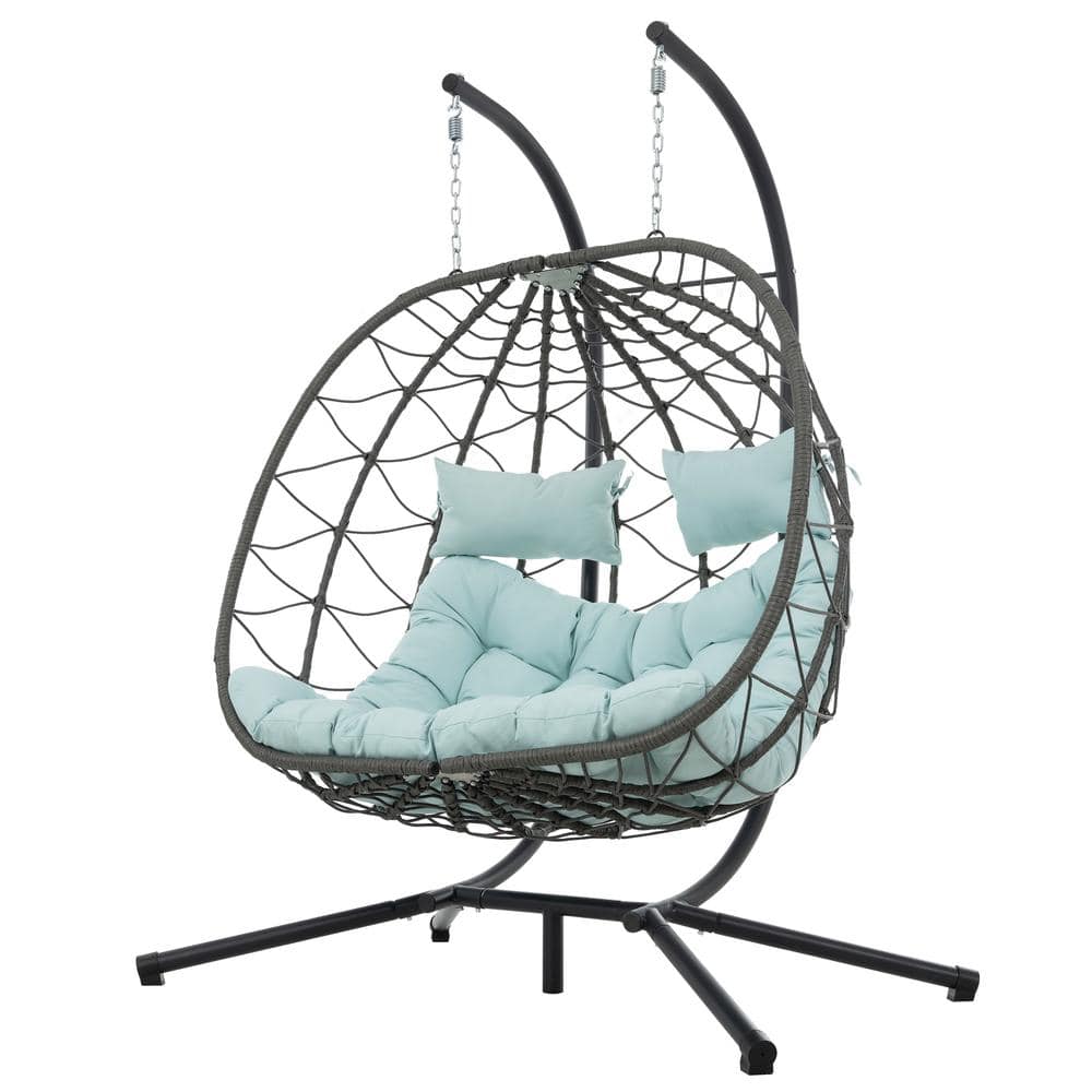 2-Person Gray Wicker Double Swing Egg Chair with Stand and Blue Cushions