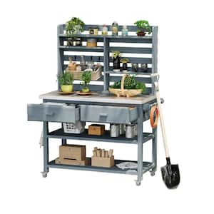 52 in. W x 64.90 in. H Gray Potting Bench Table with Wheels, Upper Hutch, Stainless Steel Top, Towel Rack and Storage