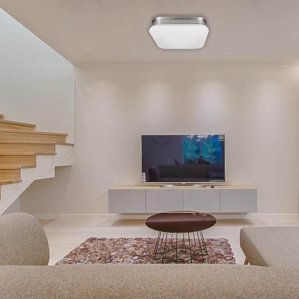 Staniford 11 in. Light Brushed Nickel Adjustable CCT Integrated LED Ceiling Flush Mount Fixture with Glass Shade