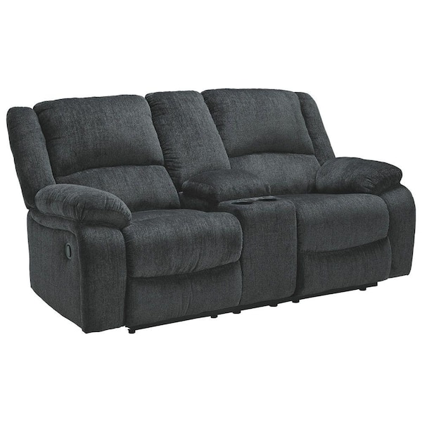 Benjara 40 in. Gray Solid Fabric 2-Seater Dual Reclining Loveseat with Console