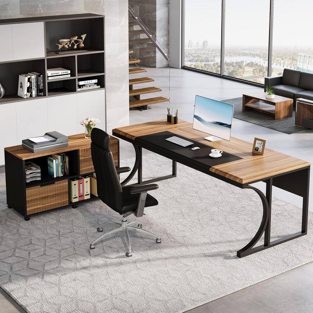 Capen 63 in. Gray and Black Wood Executive Desk Writing Table Mobile Business Furniture with Drawers Storage