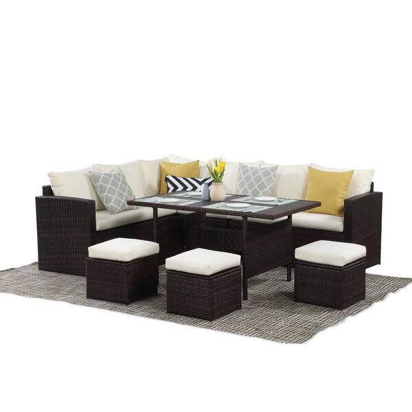 moda furnishings 6-Piece Wicker Patio Conversation Set with Lvory Cushions