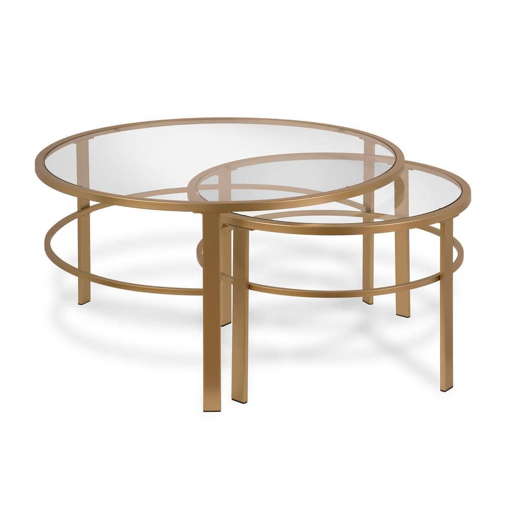 Gaia Brass Round Nesting Coffee Table Set with Tempered Glass Tops