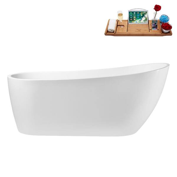 Streamline 67 in. x 28 in. Acrylic Freestanding Soaking Bathtub in Glossy White with Brushed Brass Drain, Bamboo Tray