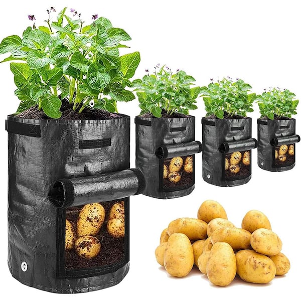 Black 10 Gallon Grow Bags with Flap and Handles Planter Pots for Onion, Fruits, Tomato, Carrot (4-Pack)