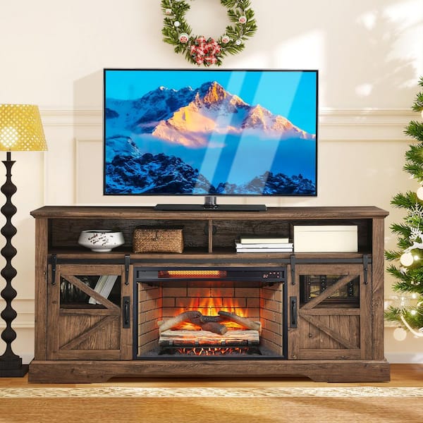 59 in. Freestanding Electric Fireplace TV Stand with 27 in. Fireplace Insert in Brown, Tempered Glass Front,Remote