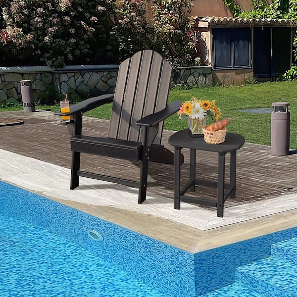 Plastic Patio Adirondack Chair Weather Resistant Garden Deck with Cup Holder Black