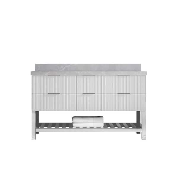 Willow Collections Catalina 60 in. Double Sink Freestanding Fine Grain Bath Vanity with Pearl Gray Qt. Top Unassembled