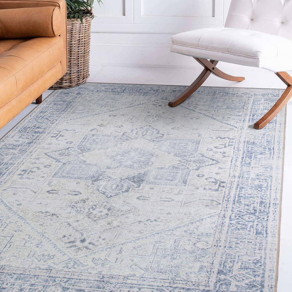 Blue Medallion Flat Woven Washable Synthetic Area Rug 5' x 7'