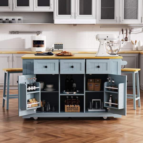 Ziyudura Blue Wood 53 in. Kitchen Island with Drop Leaf, Power Ziyudura Blue Wood 53 in. Kitchen Island with Drop Leaf, Power