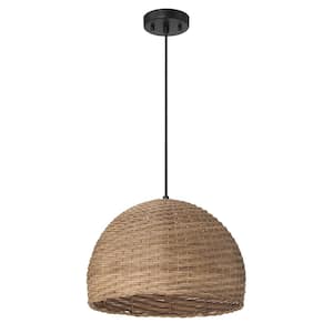 Calypso 1-Light Stained Finish Pendant Light with Metal and Handwoven Rattan Dome Shade, No Bulbs Included
