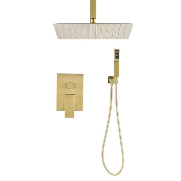 2-Spray Patterns 2.5 GPM 12 in. Ceiling Mount Dual Shower Heads in Brushed Gold (Valve Included)