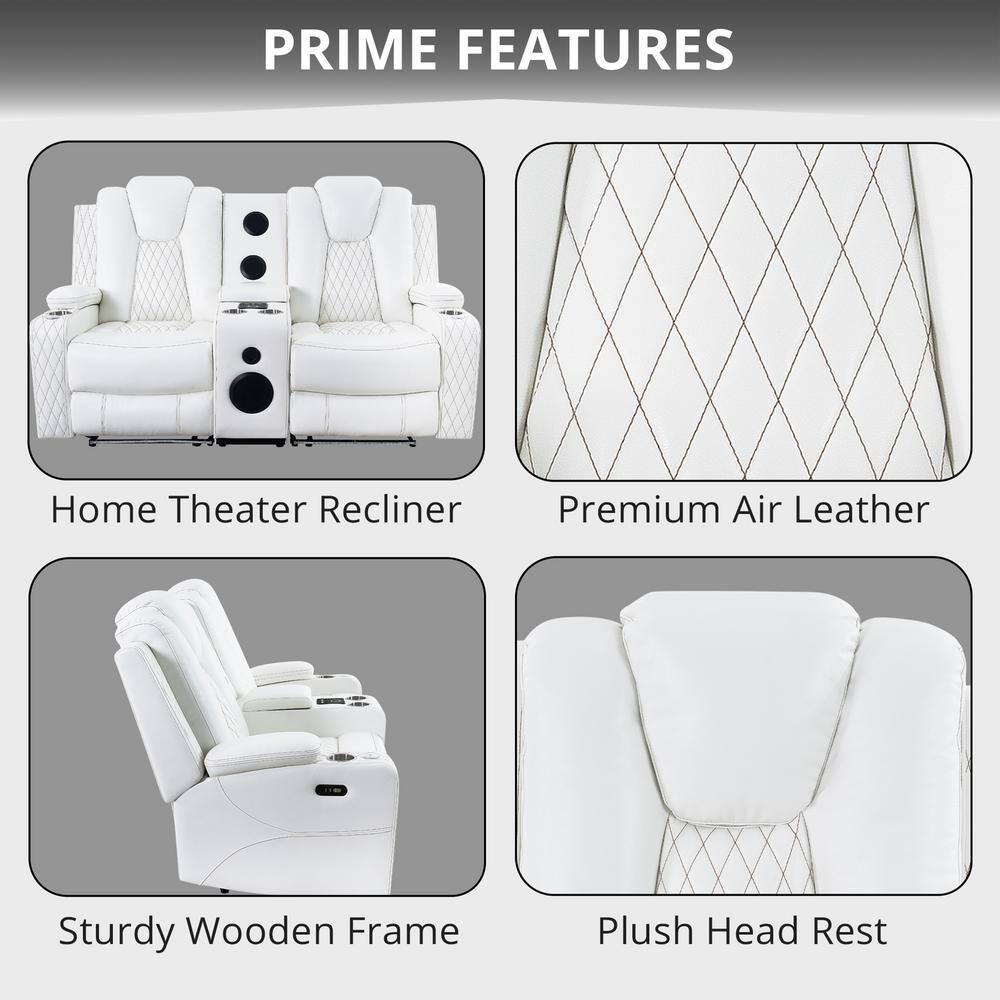 White Faux Leather Reclining Loveseat with Cup Holders and LED Lights