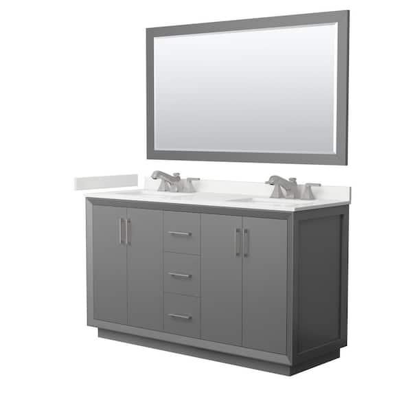 Wyndham Collection Strada 60 in. W x 22 in. D x 35 in. H Double Bath Vanity in Dark Gray with White Quartz Top and 58 in. Mirror