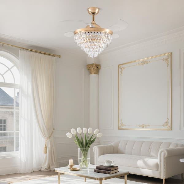 42 in. Indoor Modern Gold Retractable Crystal Ceiling Fan with light and Remote, Chandelier Ceiling fan Downrod Mount
