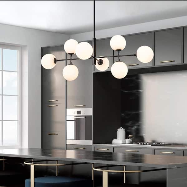 Dimma 8-Light Black 43 in. W Large Linear Chandelier for Kitchen Island with Opal Glass Shade (Bulb Not Included)
