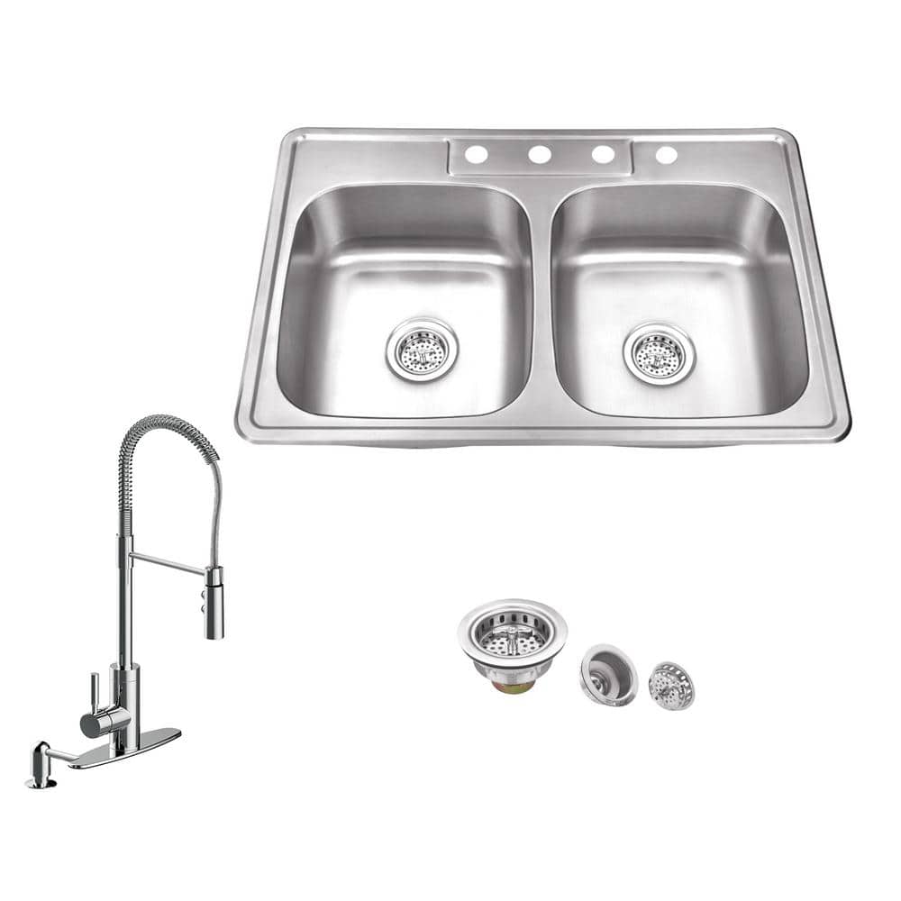 IPT Sink Company All In One Drop In 20 Gauge Stainless Steel 20 in. 20 Hole  20/20 Double Bowl Kitchen Sink with Pull Down Kitchen Faucet ...