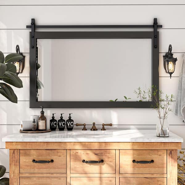 HOMEIBRO Farmhouse 40 in. W x 26 in. H Rectangle Framed Wall Bathroom Vanity Mirror Accent Mirror in Black
