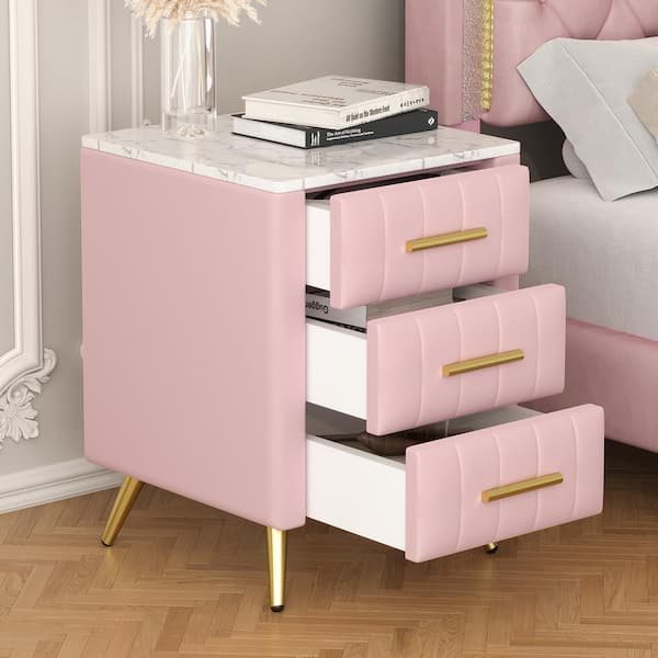 Harper & Bright Designs Pink Wooden 3-Drawer 16.3 in. W Velvet Upholstered Nightstand with Marbling Worktop, Metal Legs and Handles